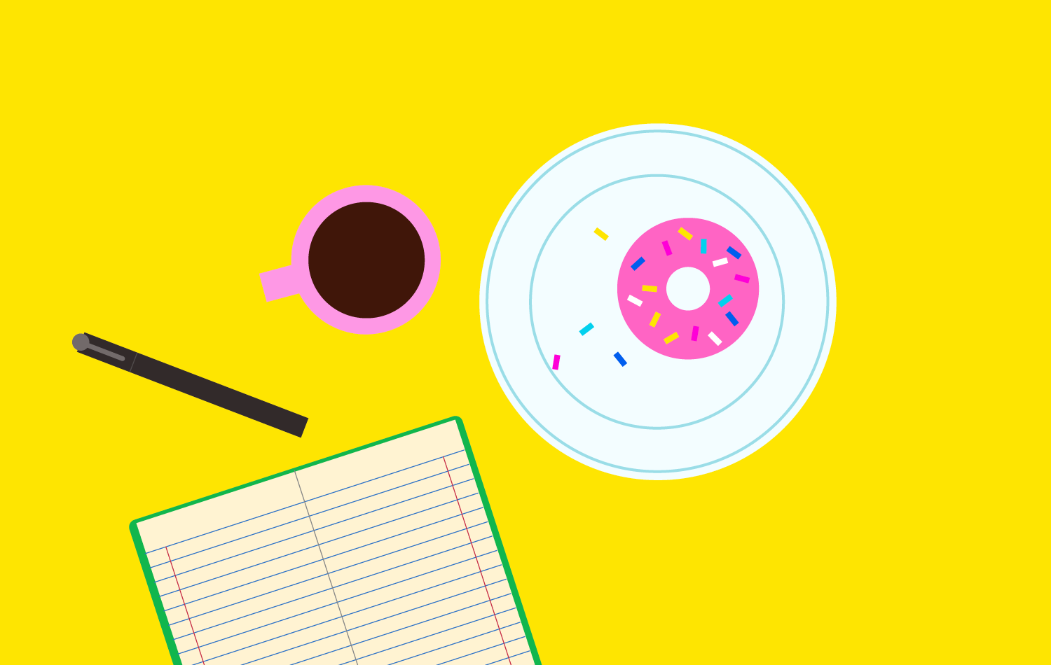 Donut on plate with coffee and notebook opened